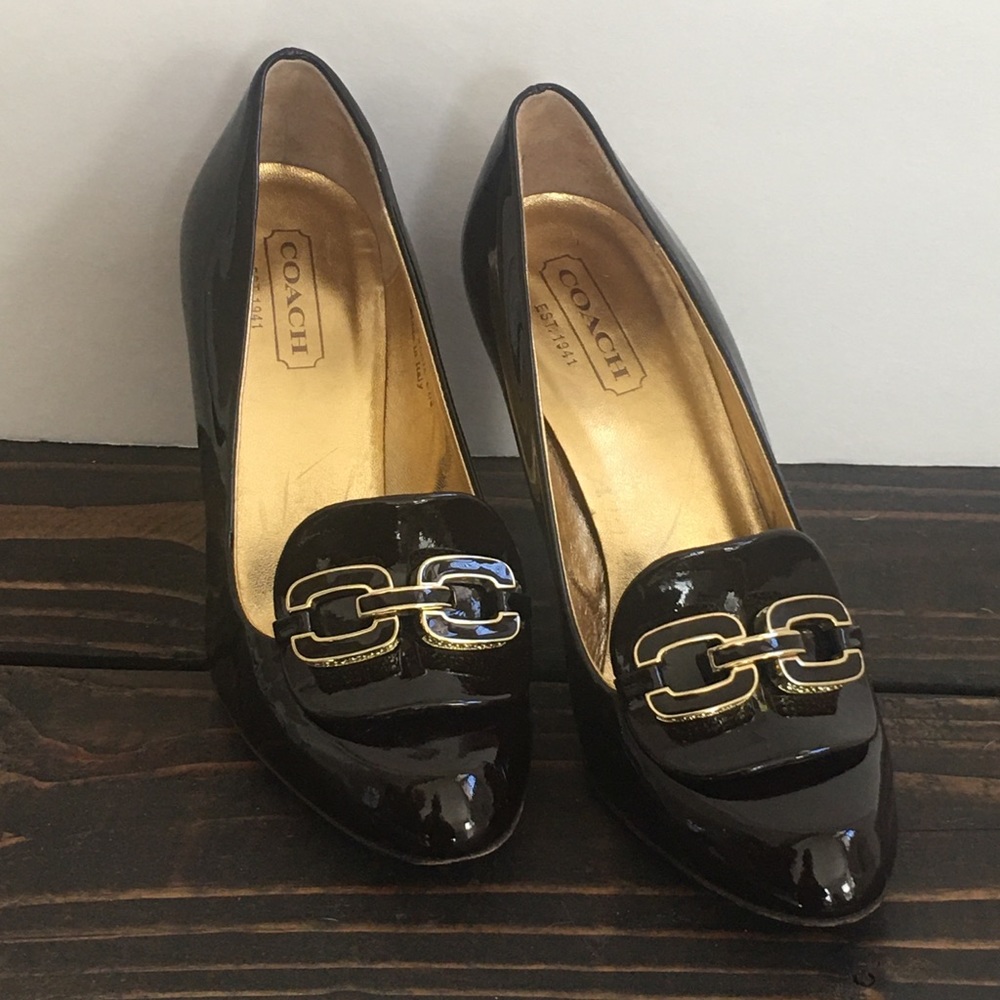 Coach Expresso Brown Stasia Heels & Gold Buckle